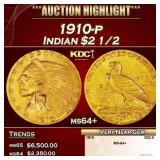 1910-p Gold Indian Quarter Eagle $2 1/2 ms64+ SEGS