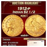 1912-p Gold Indian Quarter Eagle $2 1/2 ms64+ SEGS