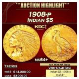 1908-p Gold Indian Half Eagle $5 ms64+ USCG