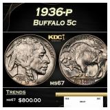 1936-p Buffalo Nickel 5c ms67 SEGS