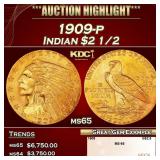 1909-p Gold Indian Quarter Eagle $2 1/2 ms65 SEGS