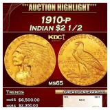 1910-p Gold Indian Quarter Eagle $2 1/2 ms65 SEGS