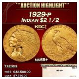 1929-p Gold Indian Quarter Eagle $2 1/2 ms65+ SEGS
