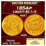 1854-p Gold Liberty Quarter Eagle $2 1/2 ms63 USCG