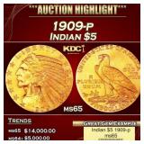 1909-p Gold Indian Half Eagle $5 ms65 USCG