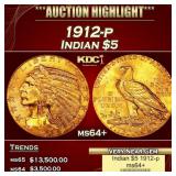 1912-p Gold Indian Half Eagle $5 ms64+ USCG