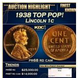 1938 Proof Lincoln Cent TOP POP! 1c pr68 rd cam SE