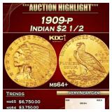 1909-p Gold Indian Quarter Eagle $2 1/2 ms64+ SEGS
