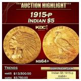 1915-p Gold Indian Half Eagle $5 ms64+ USCG