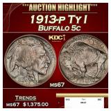 1913-p Ty I Buffalo Nickel 5c ms67 SEGS