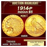 1914-p Gold Indian Half Eagle $5 ms64 USCG