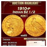 1910-p Gold Indian Quarter Eagle $2 1/2 ms65 SEGS