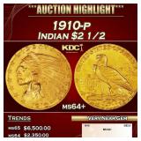 1910-p Gold Indian Quarter Eagle $2 1/2 ms64+ SEGS