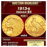 1913-s Gold Indian Half Eagle $5 ms64 USCG