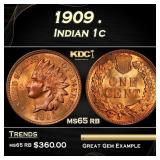 1909 Indian Cent . 1c Grades ms65 rb