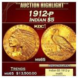 1912-p Gold Indian Half Eagle $5 ms64+ USCG