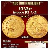 1912-p Gold Indian Quarter Eagle $2 1/2 ms64+ SEGS
