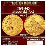1914-d Gold Indian Quarter Eagle $2 1/2 ms65+ SEGS