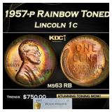 PCGS 1957-p Lincoln Cent Rainbow Toned 1c ms63 RB