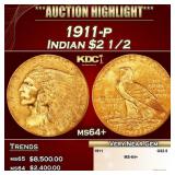1911-p Gold Indian Quarter Eagle $2 1/2 ms64+ SEGS