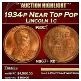 1934-p Lincoln Cent Near Top Pop 1c ms67+ rd SEGS