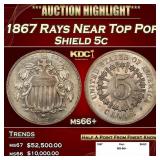 1867 Rays Shield Nickel Near Top Pop 5c ms66+ SEGS