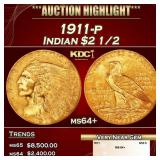 1911-p Gold Indian Quarter Eagle $2 1/2 ms64+ SEGS