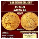 1912-s Gold Indian Half Eagle $5 ms62+ USCG