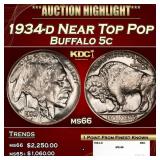1934-d Buffalo Nickel Near Top Pop 5c ms66 SEGS