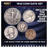 1945 WWII 5 Coin Date Set, 1 Of Each Type Of Coin