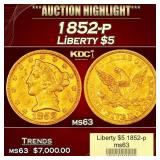 1852-p Gold Liberty Half Eagle $5 ms63 USCG