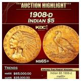1908-d Gold Indian Half Eagle $5 ms65+ USCG