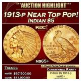 1913-p Gold Indian Half Eagle Near Top Pop! $5 ms6