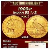 1909-p Gold Indian Quarter Eagle $2 1/2 ms64+ SEGS