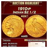 1910-p Gold Indian Quarter Eagle $2 1/2 ms65 SEGS
