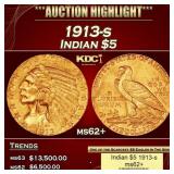1913-s Gold Indian Half Eagle $5 ms62+ USCG