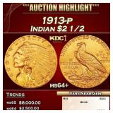 1913-p Gold Indian Quarter Eagle $2 1/2 ms64+ SEGS