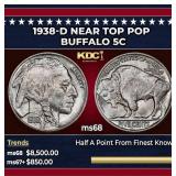 1938-d Buffalo Nickel Near Top Pop 5c ms68 SEGS
