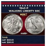 1943-p Walking Liberty Half Dollar 50c ms66+ SEGS