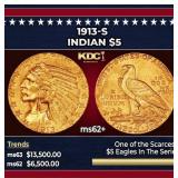 1913-s Gold Indian Half Eagle $5 ms62+ USCG