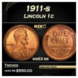 1911-s Lincoln Cent 1c Grades ms63 rb
