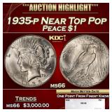 1935-p Peace Dollar Near Top Pop $1 ms66 SEGS