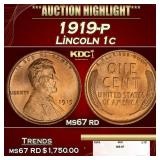 1919-p Lincoln Cent 1c ms67 rd SEGS