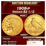 1908-p Gold Indian Quarter Eagle $2 1/2 ms64+ SEGS