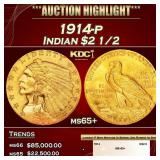 1914-p Gold Indian Quarter Eagle $2 1/2 ms65+ SEGS