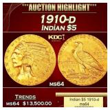 1910-d Gold Indian Half Eagle $5 ms64 USCG