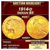 1914-d Gold Indian Half Eagle $5 ms64+ USCG