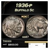1936-p Buffalo Nickel 5c ms67 SEGS