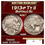 1913-p Ty II Buffalo Nickel 5c ms66 SEGS