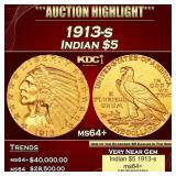 1913-s Gold Indian Half Eagle $5 ms64+ USCG